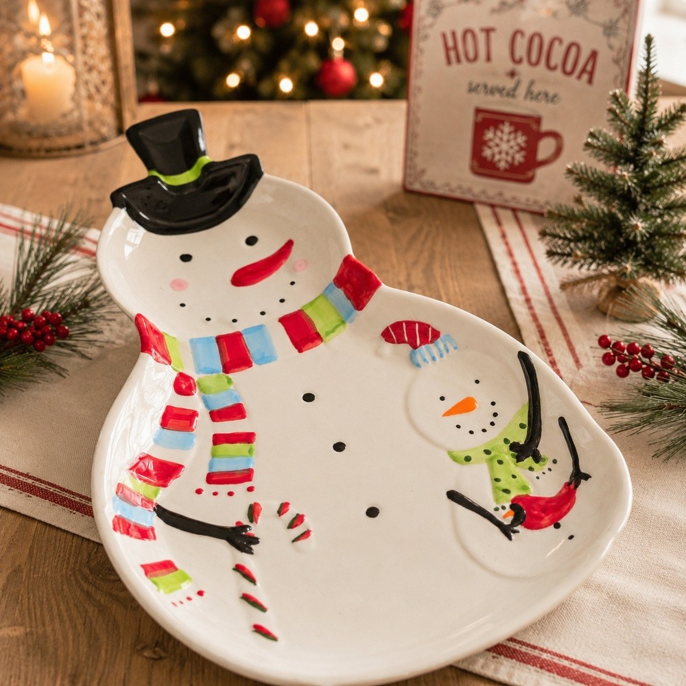 Vintage Snowman Serving Platter Cardinal Christmas Ceramic Dish 15 Inch